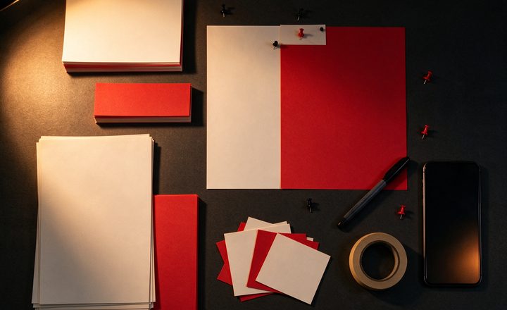 Flyers and cards laid out on a desk